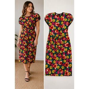 Vtg 80s Talbots NIPON Silk Dress Dopamine Cottagecore Puff Sleeve Floral 6 - 10